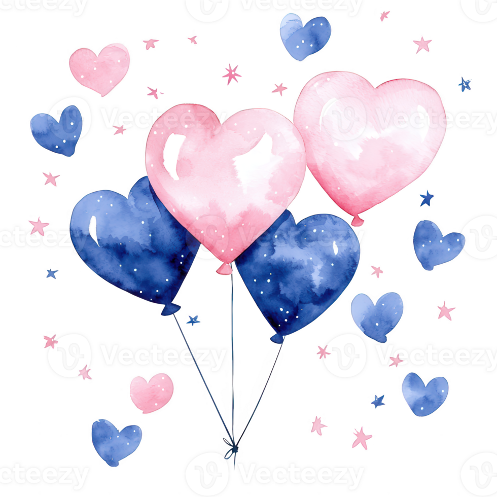 Colorful heart-shaped balloons in shades of pink and blue float against a white background, perfect for celebrations and festive occasions. png