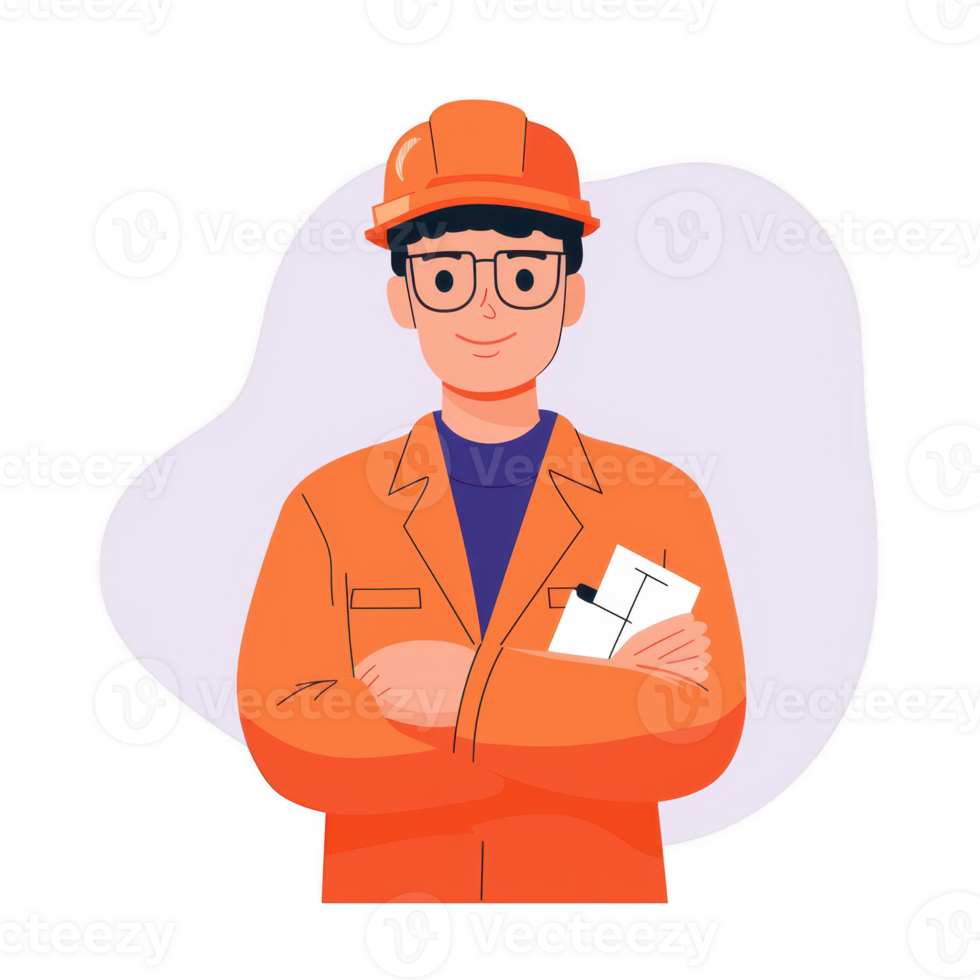 Confident construction worker wearing an orange helmet and jacket, smiling with arms crossed. Ideal for representing teamwork and safety in the construction industry. png