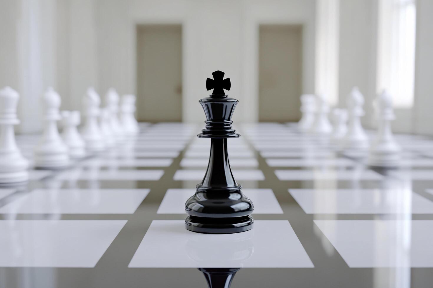 A black and white chess piece stands in front of a white board photo