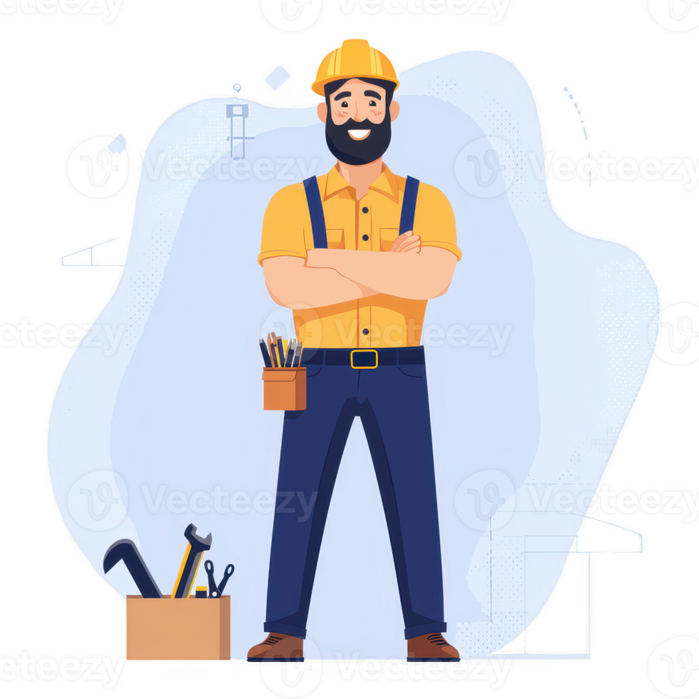 Confident male construction worker in yellow shirt and hard hat, standing with crossed arms against a light background, showcasing a strong and reliable image. png