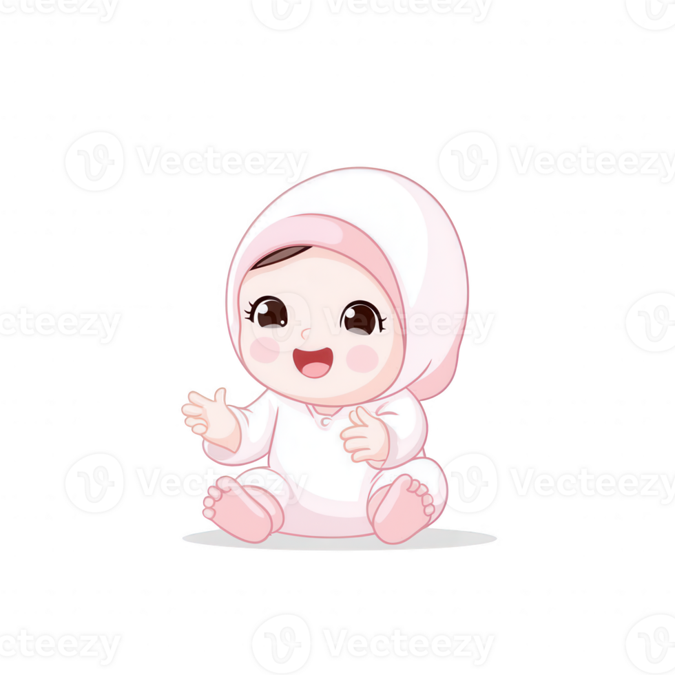 Cute baby sitting on the floor, wearing a pink outfit and a matching hat, smiling joyfully, isolated on a white background. png