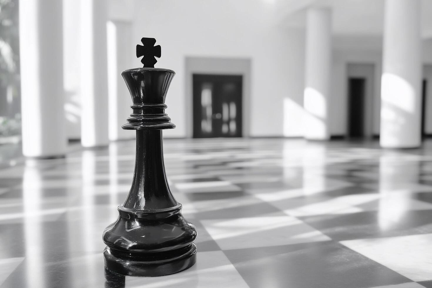 Black and white photo of a chess piece on a checkered floor
