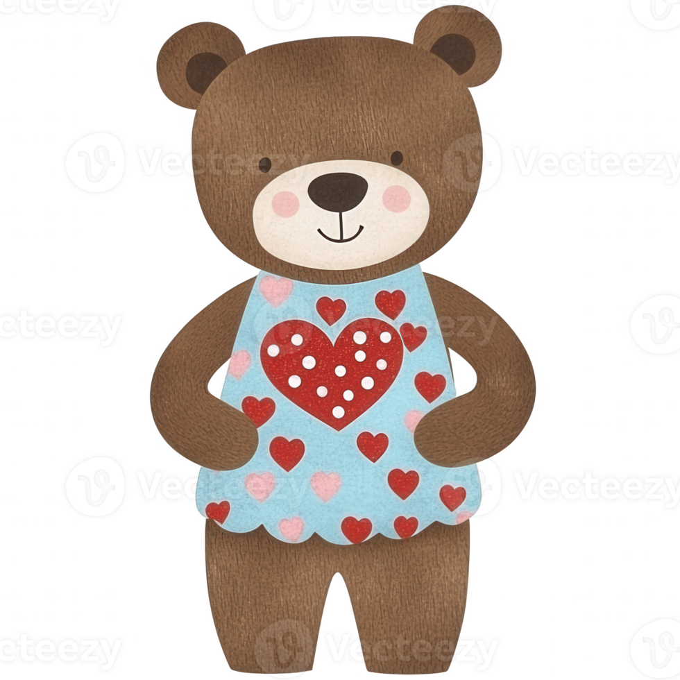 Cute bear character with a heart-patterned apron, standing confidently against a white isolated background, perfect for children's themes and illustrations. png
