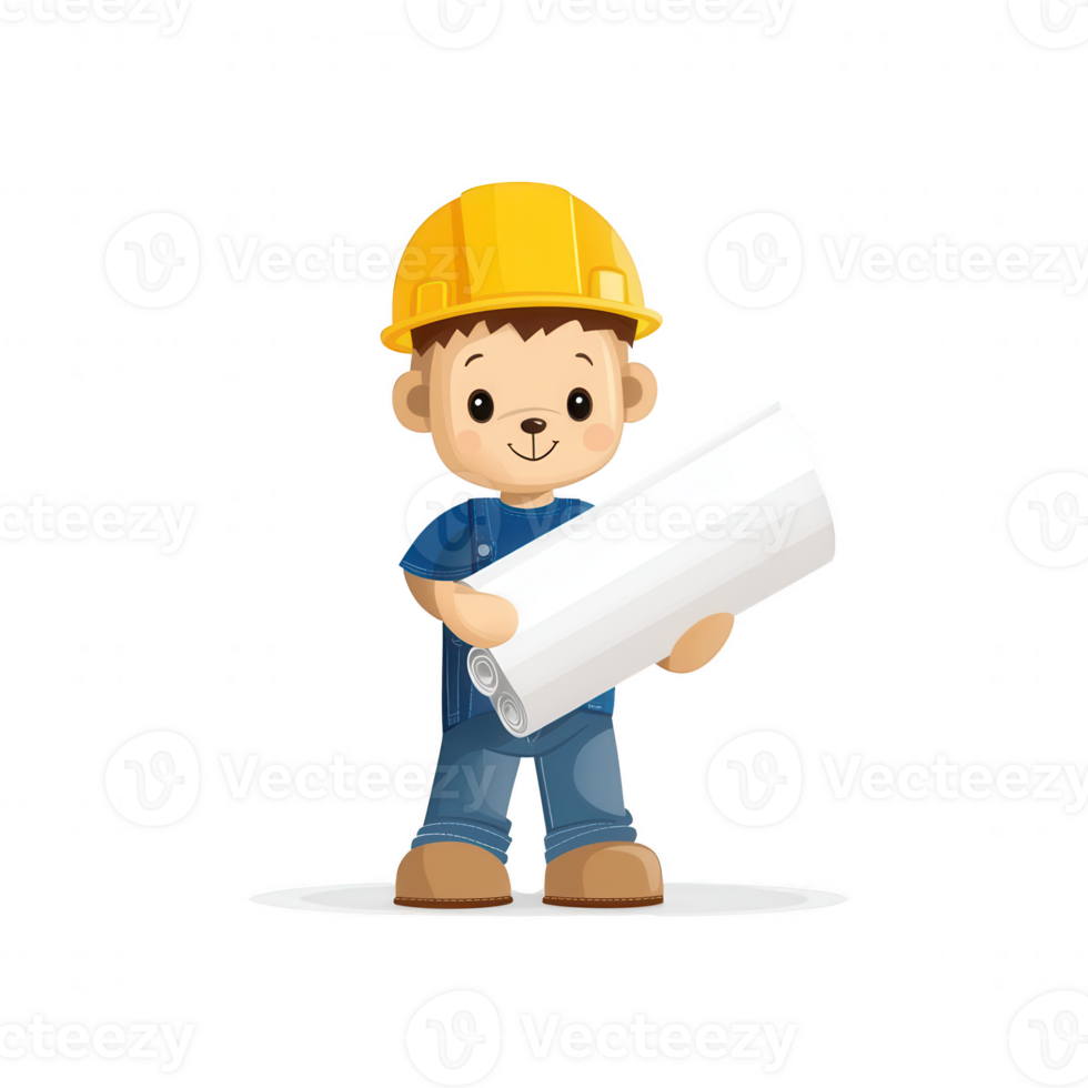 Cute cartoon boy wearing a yellow hard hat, holding blueprints. Perfect for construction themes and children's illustrations. Bright and cheerful design. png