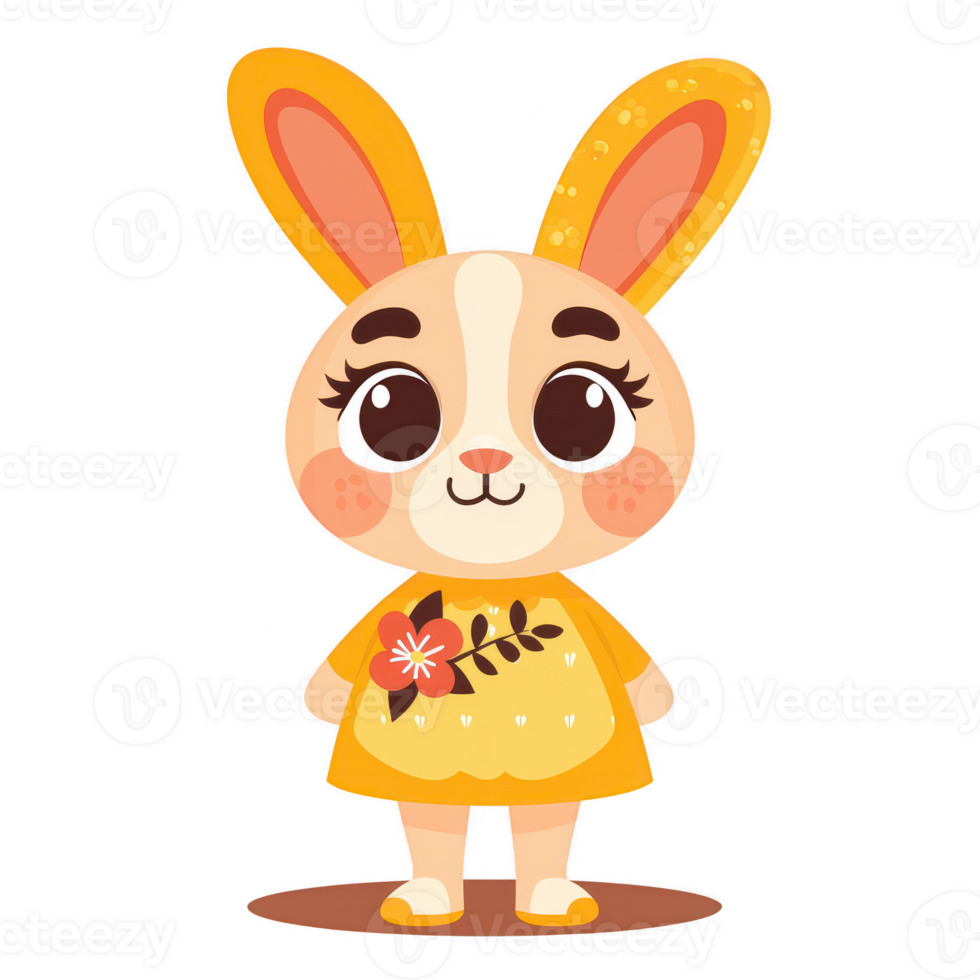 Cute cartoon bunny character wearing a bright yellow dress with floral patterns, standing on a simple background, perfect for children's artwork and decorations. png