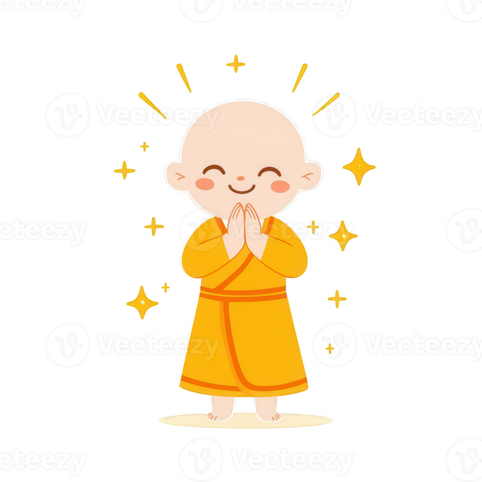 Cute monk character in an orange robe, smiling and with hands pressed together in a gesture of prayer, surrounded by sparkles on a white isolated background. png