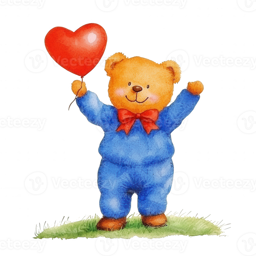 Cute teddy bear holding a red heart balloon, dressed in blue overalls, cheerful expression, grassy base, perfect for children's themes and celebrations, isolated on white backgroun png