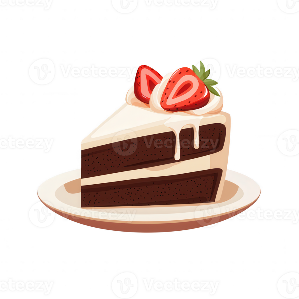 Delicious chocolate cake slice topped with whipped cream and fresh strawberries, presented on a white plate for a tempting treat. png