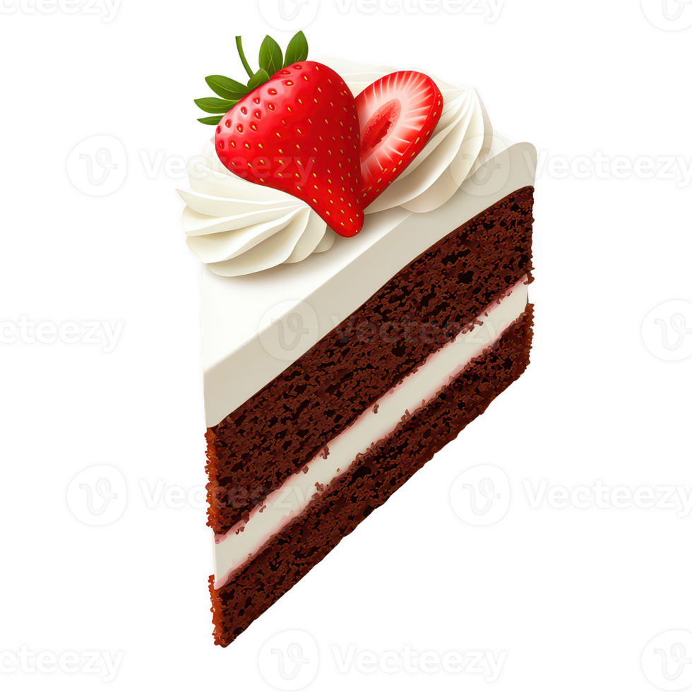 Delicious chocolate cake slice topped with whipped cream and fresh strawberries, perfect for dessert lovers and celebrations. png
