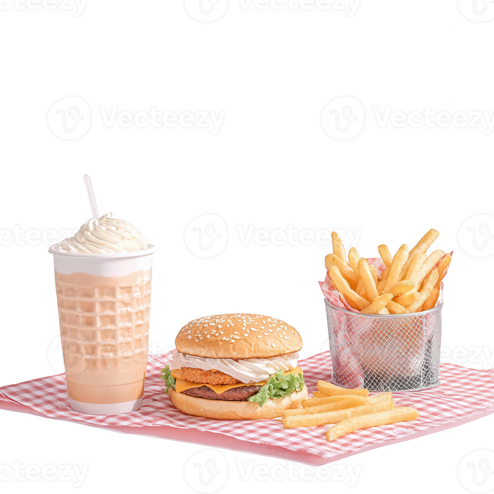 Delicious fast food meal with a crispy chicken burger, golden fries, and a creamy milkshake on a checkered tablecloth. png