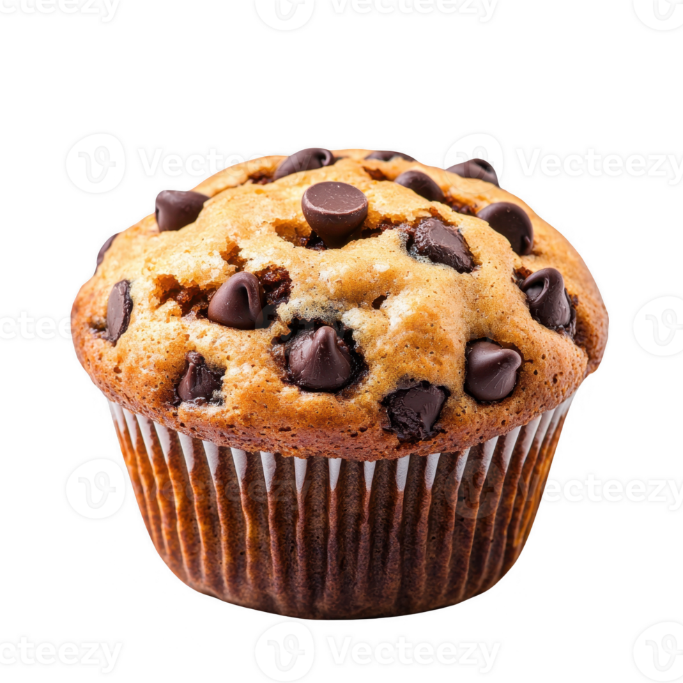 Delicious chocolate chip muffin with melting chocolate pieces on top, fresh and inviting, perfect for breakfast or snack time, isolated on a white background. png