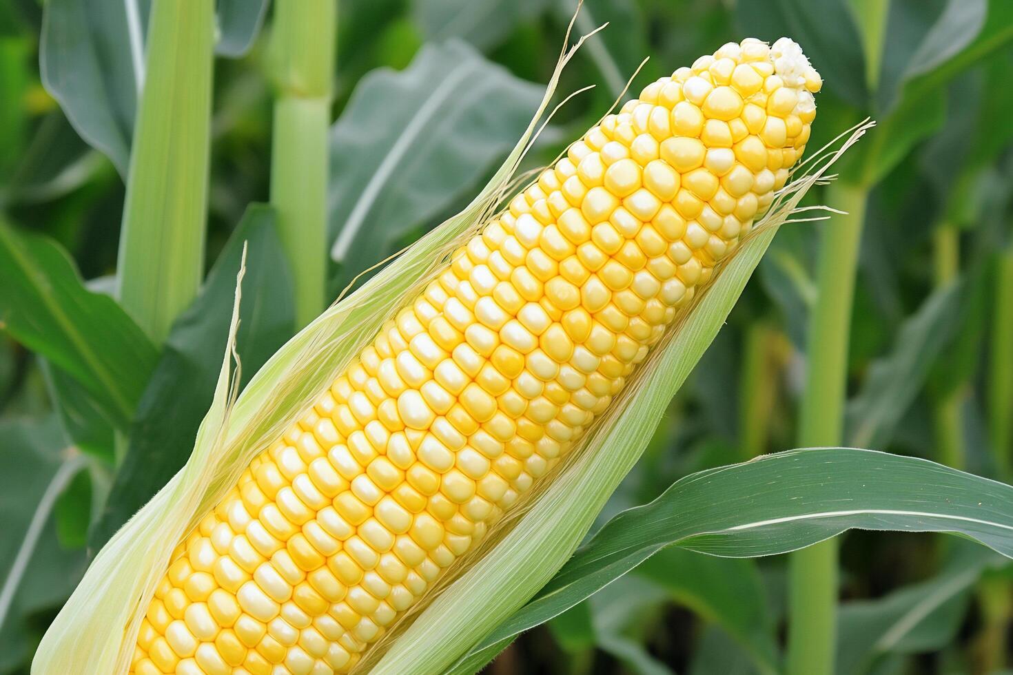 A corn ear is shown in a field photo