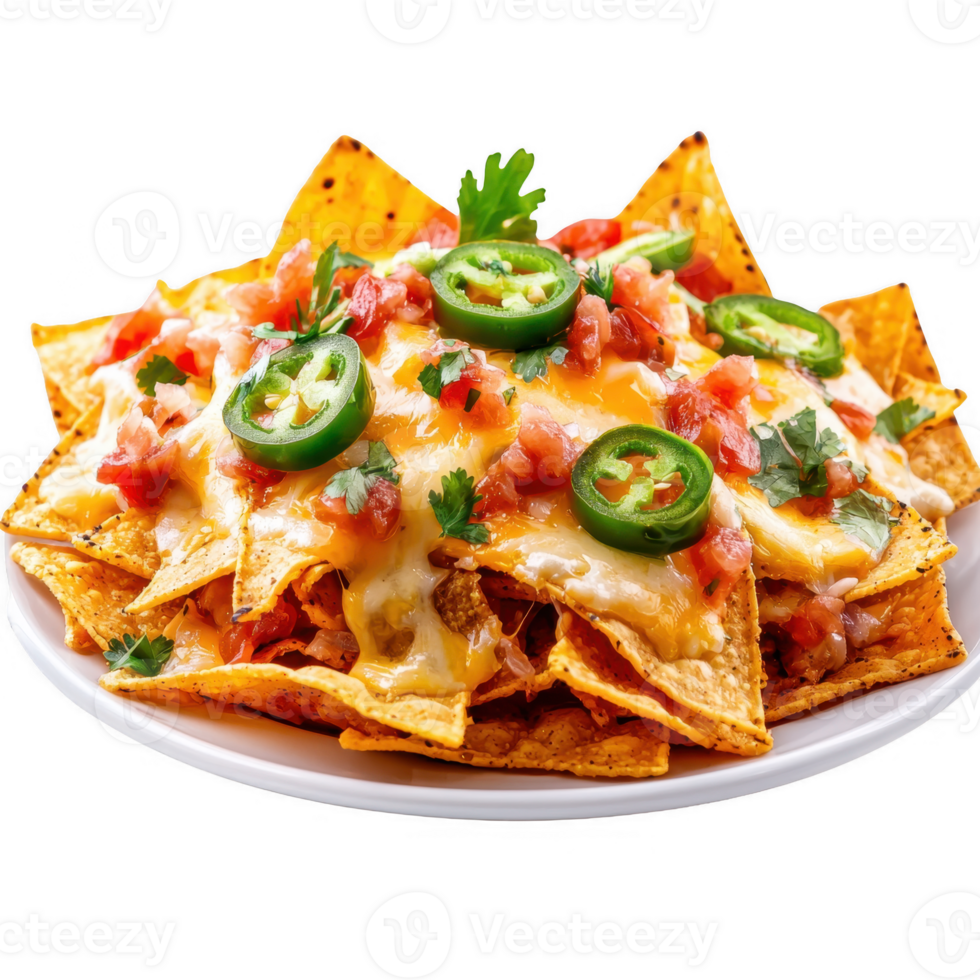 Delicious nachos topped with melted cheese, fresh jalapenos, tomatoes, and cilantro, served on a white plate. png