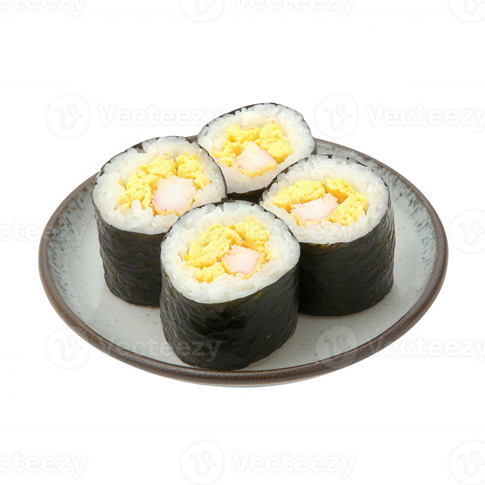 Delicious sushi rolls with egg and shrimp filling, displayed on a ceramic plate, perfect for Japanese cuisine lovers. png