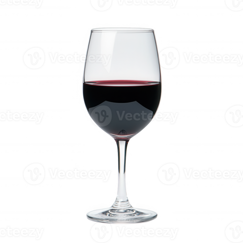 Elegant red wine glass filled with rich red liquid, reflecting light, isolated on white background. png