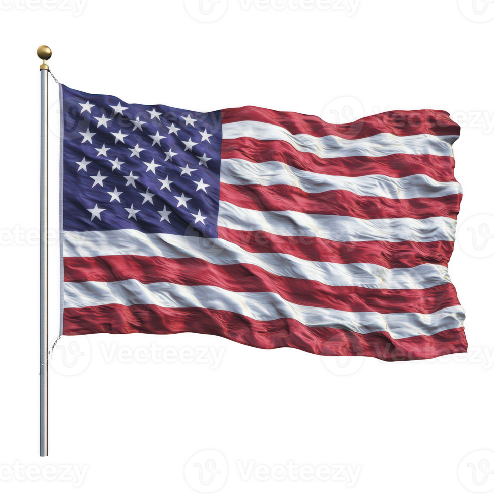 Die-cut image of the American flag waving gracefully, showcasing its vibrant colors and distinct design against a white isolated background. png
