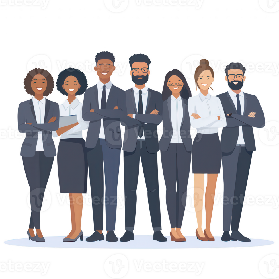 Diverse team of professionals standing confidently together in business attire, showcasing unity and teamwork against a white background. png