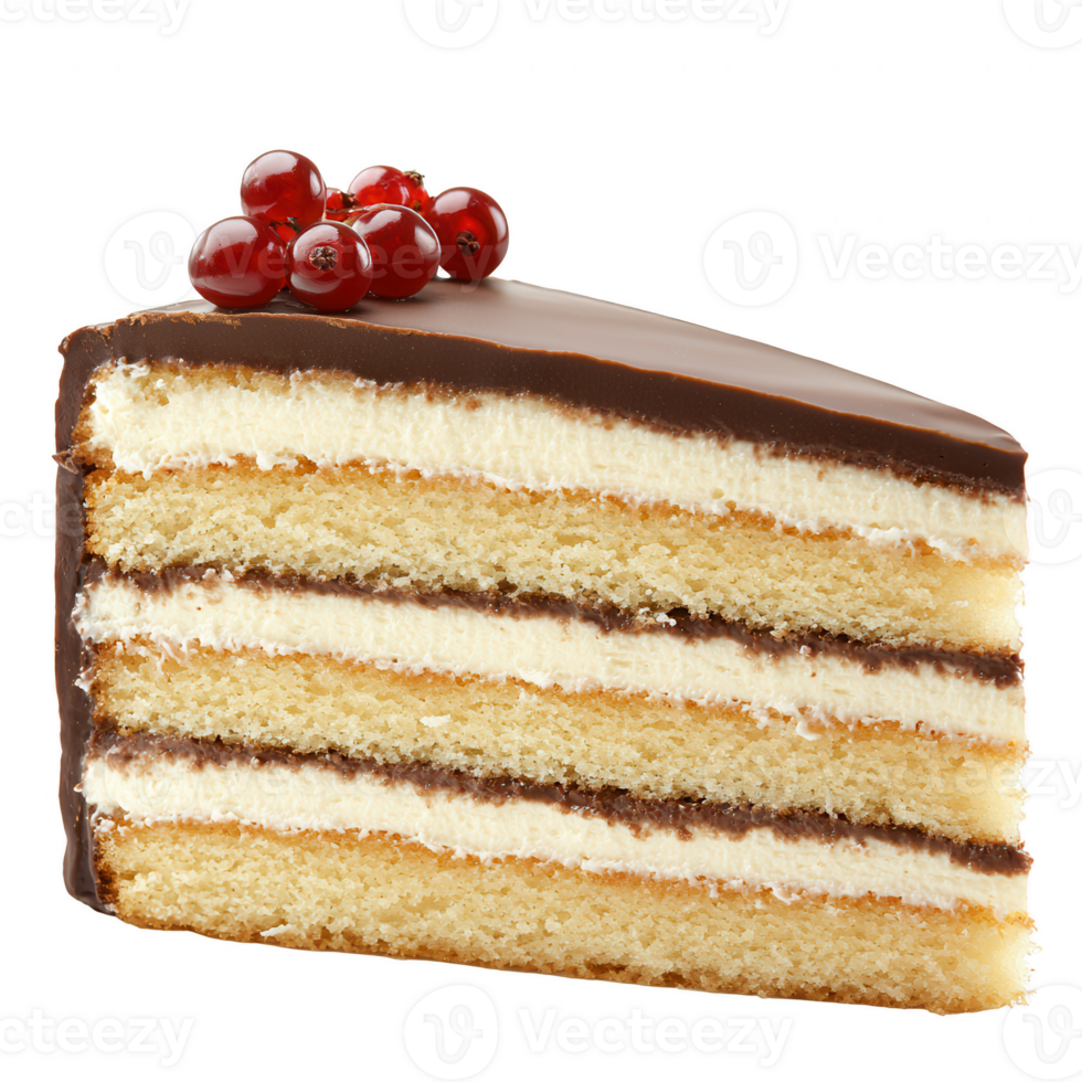 Delicious slice of cake with creamy layers and topped with chocolate and berries, perfect for dessert lovers. png