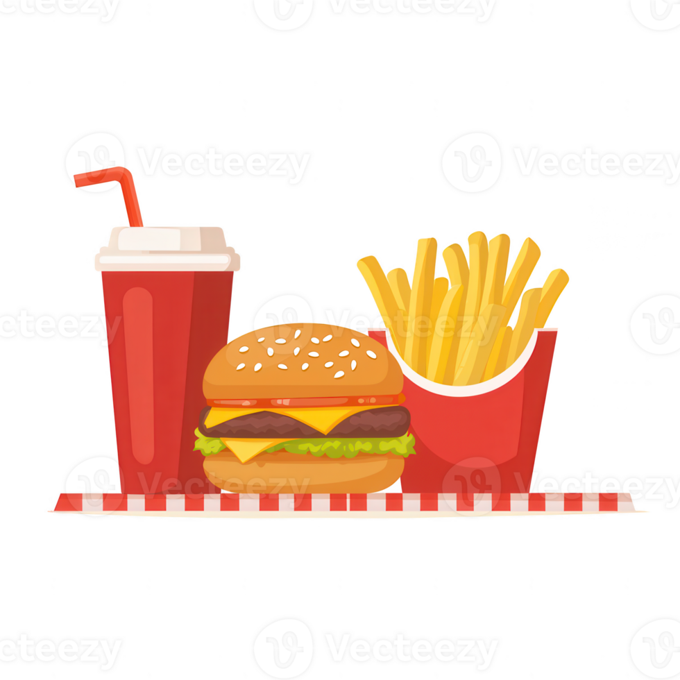 Fast food meal featuring a burger, fries, and a soft drink on a checkered tablecloth, all isolated on a white background. png