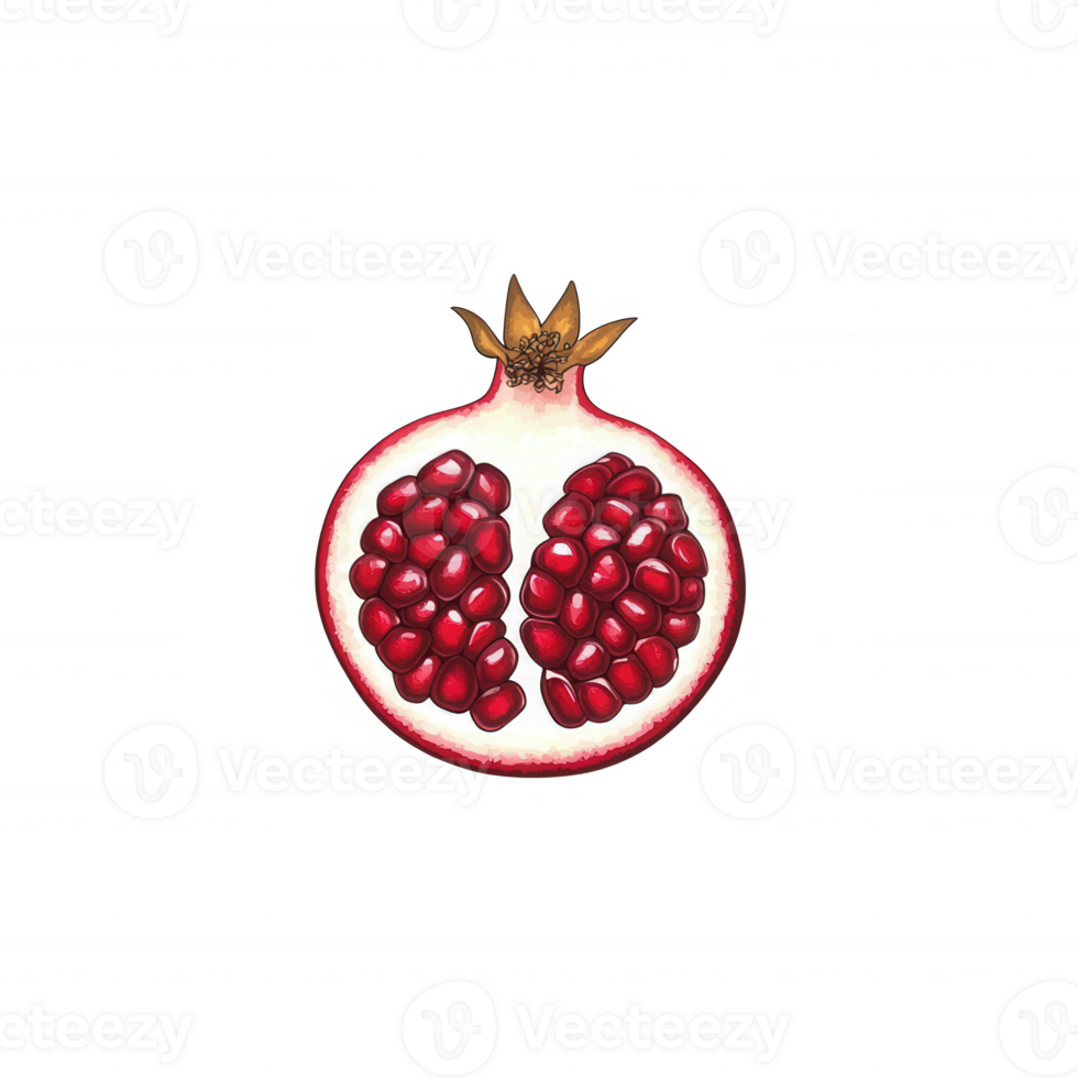 Freshly sliced pomegranate revealing juicy ruby-red seeds on a white isolate background. png