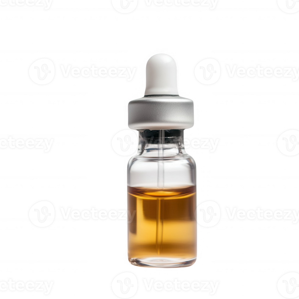 Glass dropper bottle filled with amber liquid, minimalistic design, perfect for essential oils or herbal extracts, isolated on white background. png