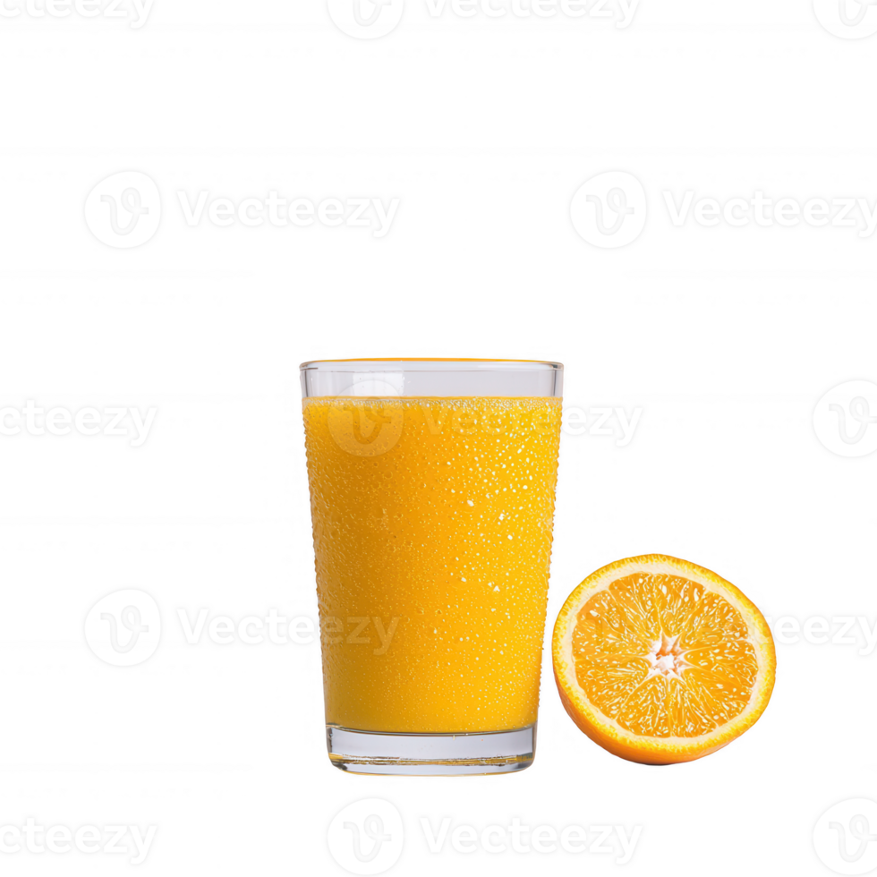 Glass of refreshing orange juice with a fresh orange slice on a white isolated background, perfect for summer and healthy beverage concepts. png