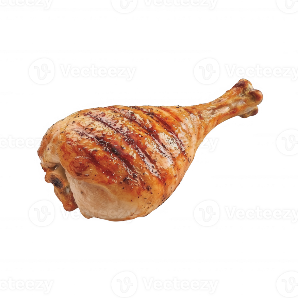 Grilled chicken leg, juicy and flavorful with golden-brown skin and appealing grill marks, isolated on a white background for a delicious culinary presentation. png