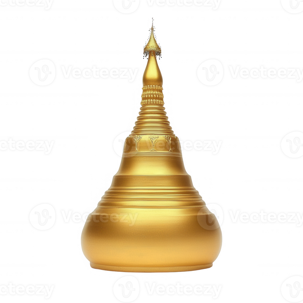 Golden stupa with intricate design, isolated on a white background, showcasing spiritual and architectural significance. png