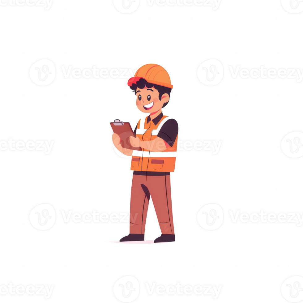 Illustration of a cheerful construction worker holding a clipboard, wearing a hard hat and safety vest. Ideal for construction and industry-related themes. png