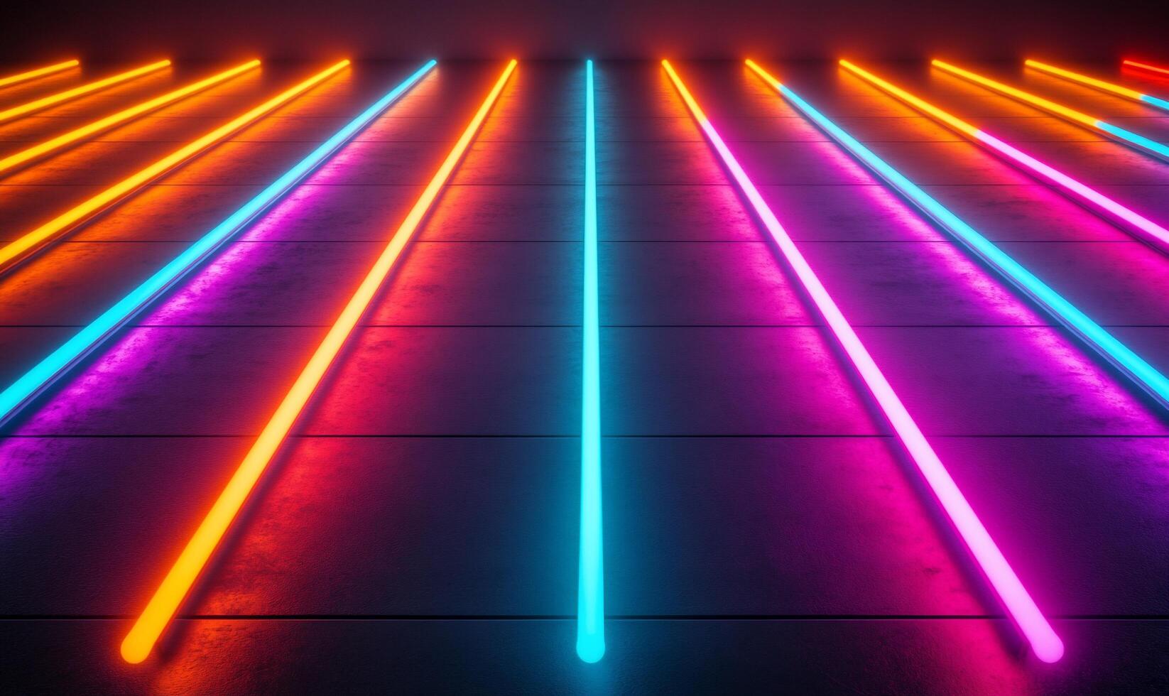 Neon lights in a dark room with a black floor photo