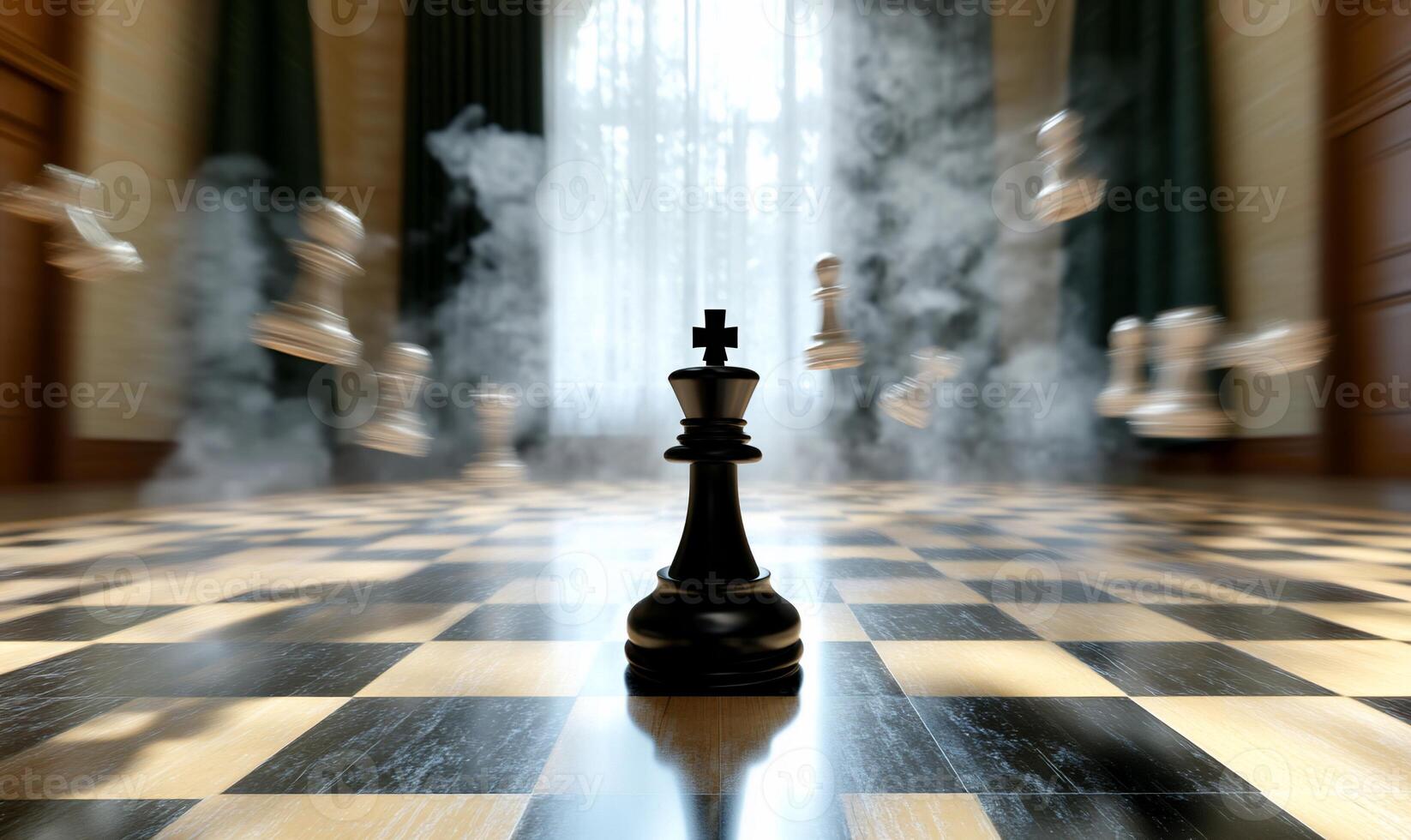 A chess piece on a chess board with smoke coming out of it photo