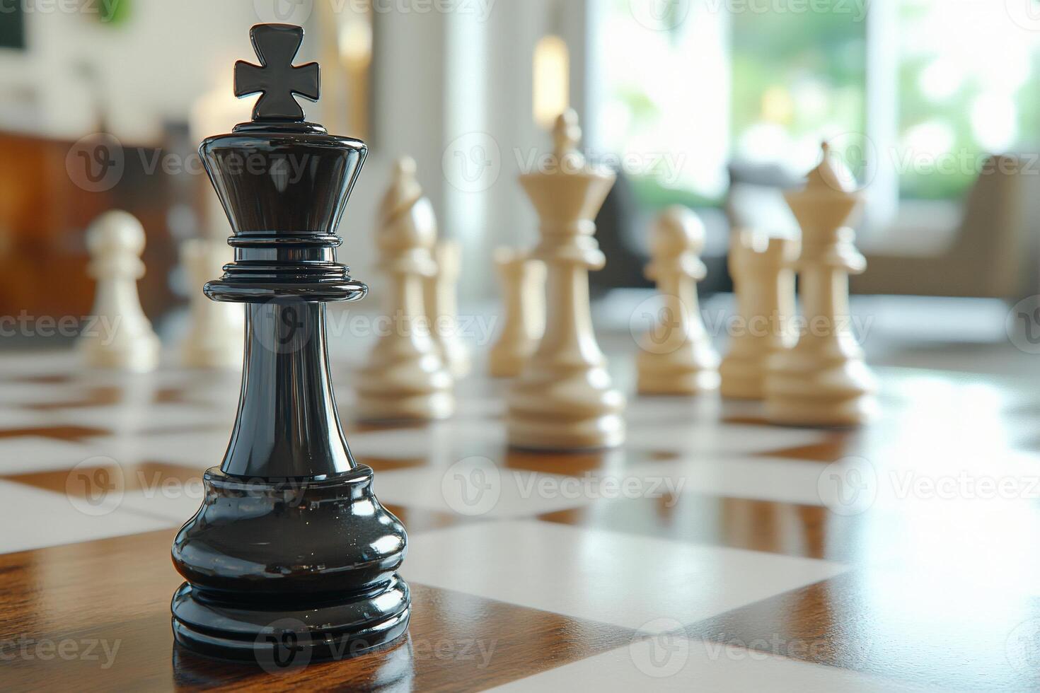 Chess pieces on a table with a black and white chess piece photo