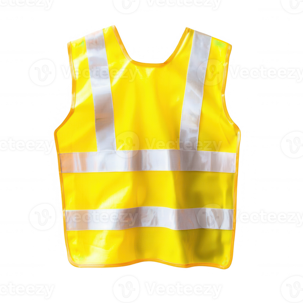 High-visibility safety vest in bright yellow with reflective stripes, ideal for construction and outdoor use, ensuring safety and visibility in various working conditions. png