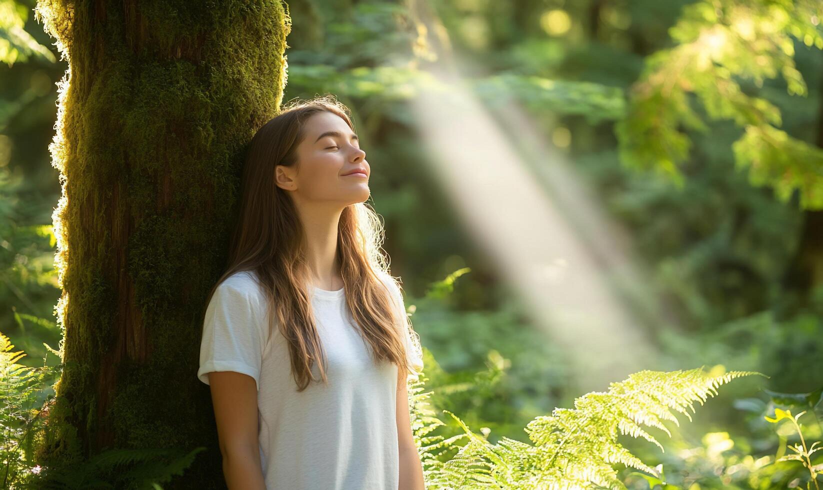 A woman in a white shirt is standing in the woods photo