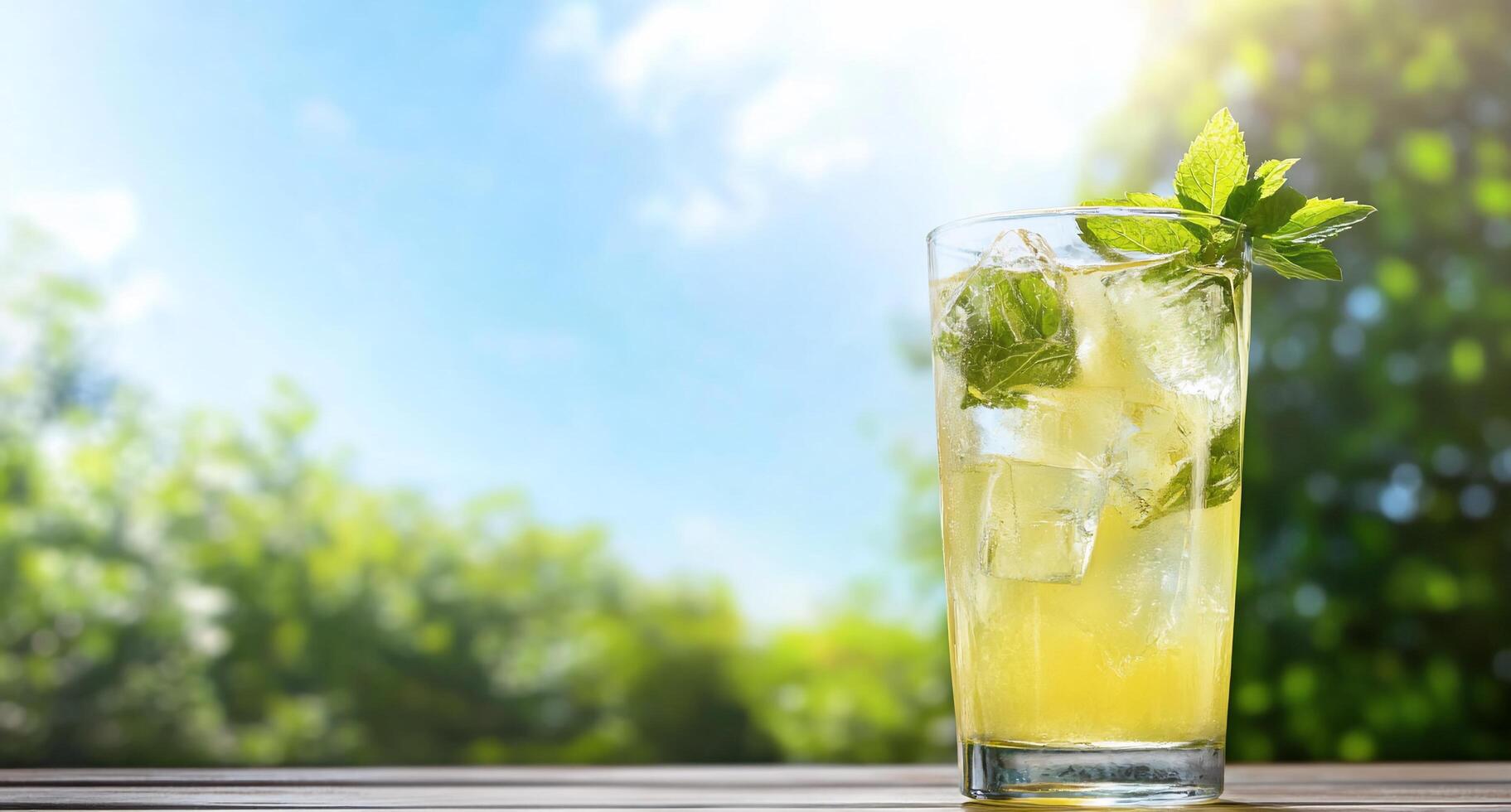 A glass of lemonade with mint leaves on the table photo