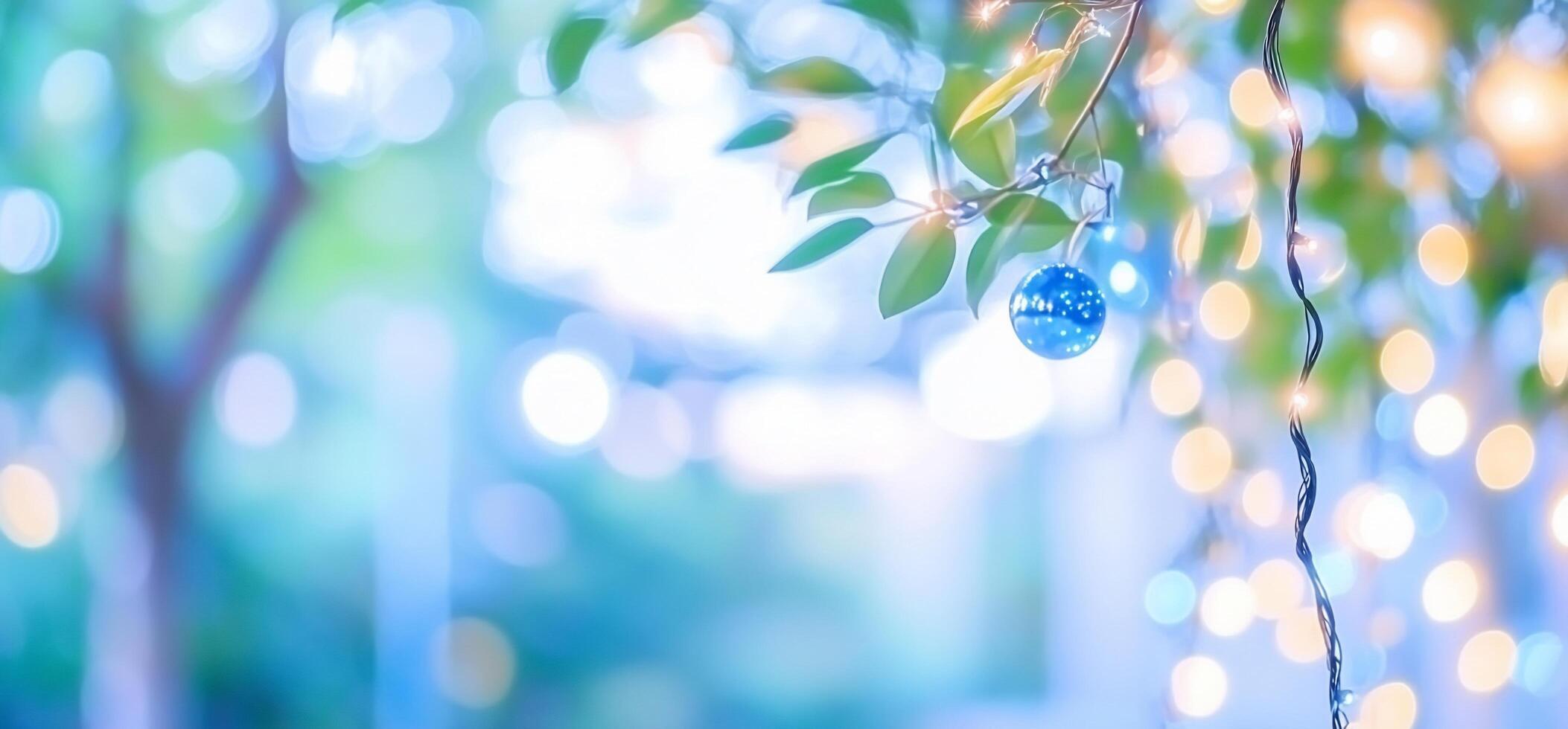 A blue christmas tree with lights and a blue ornament photo