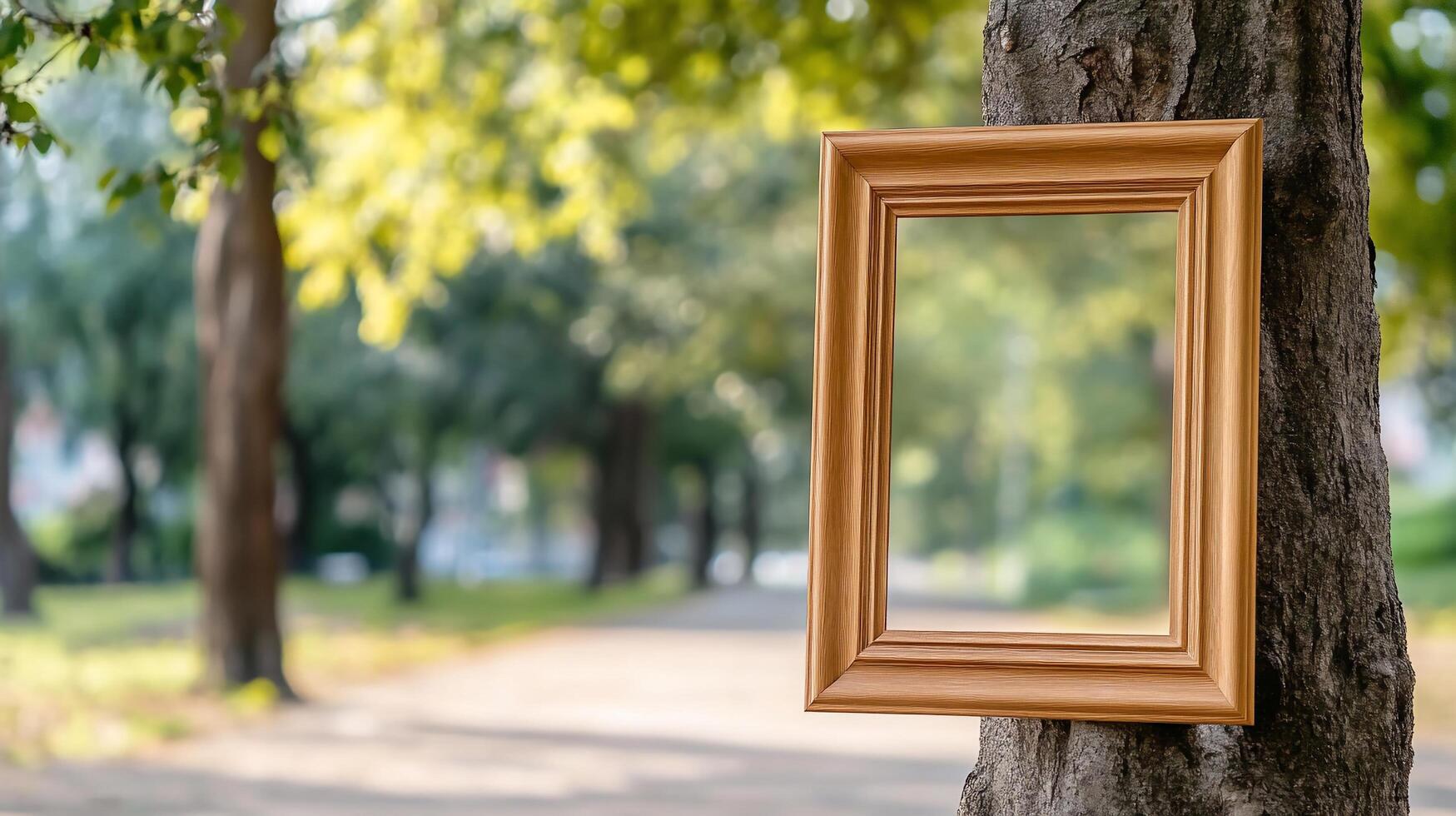 A wooden frame is hanging on a tree photo