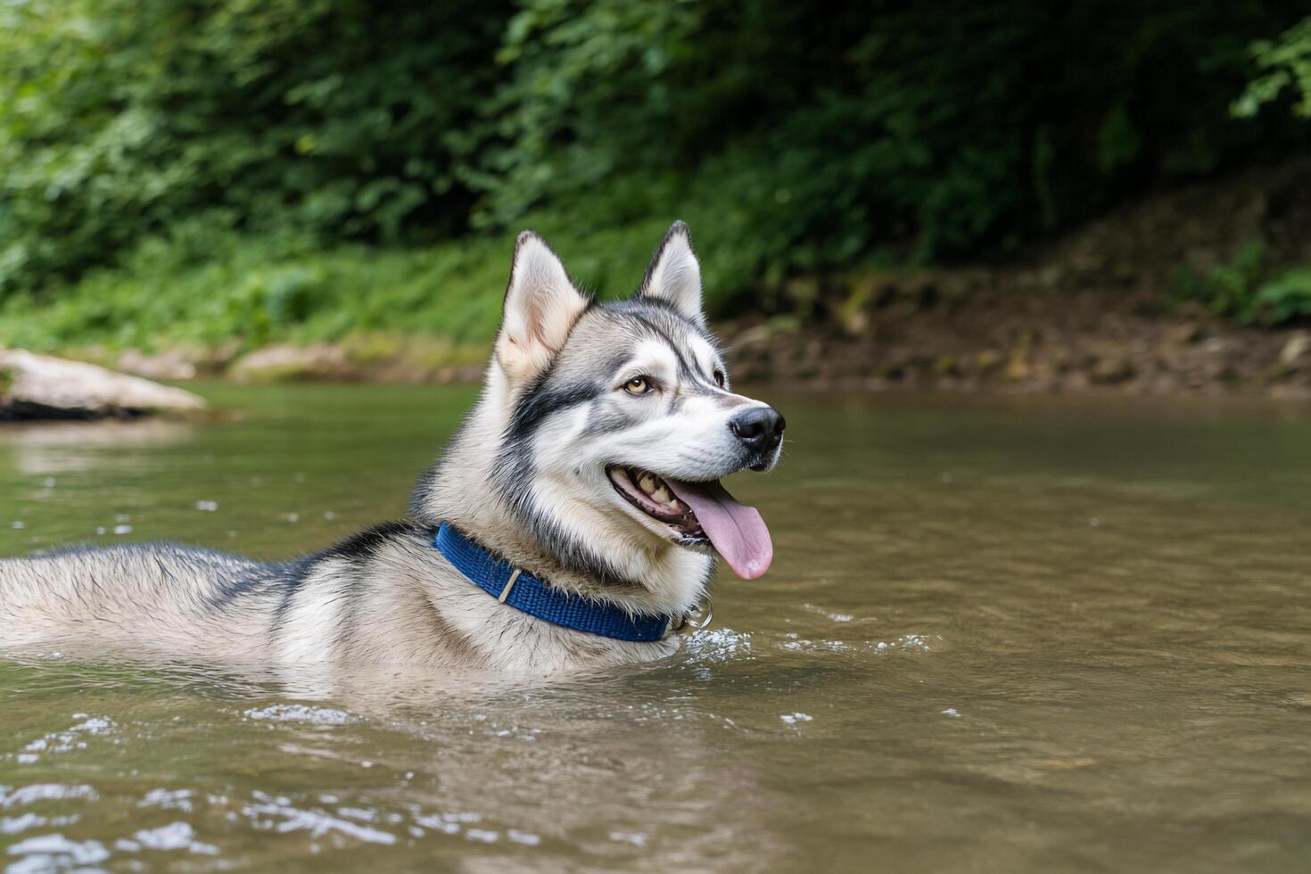 A husky dog is swimming in the water photo