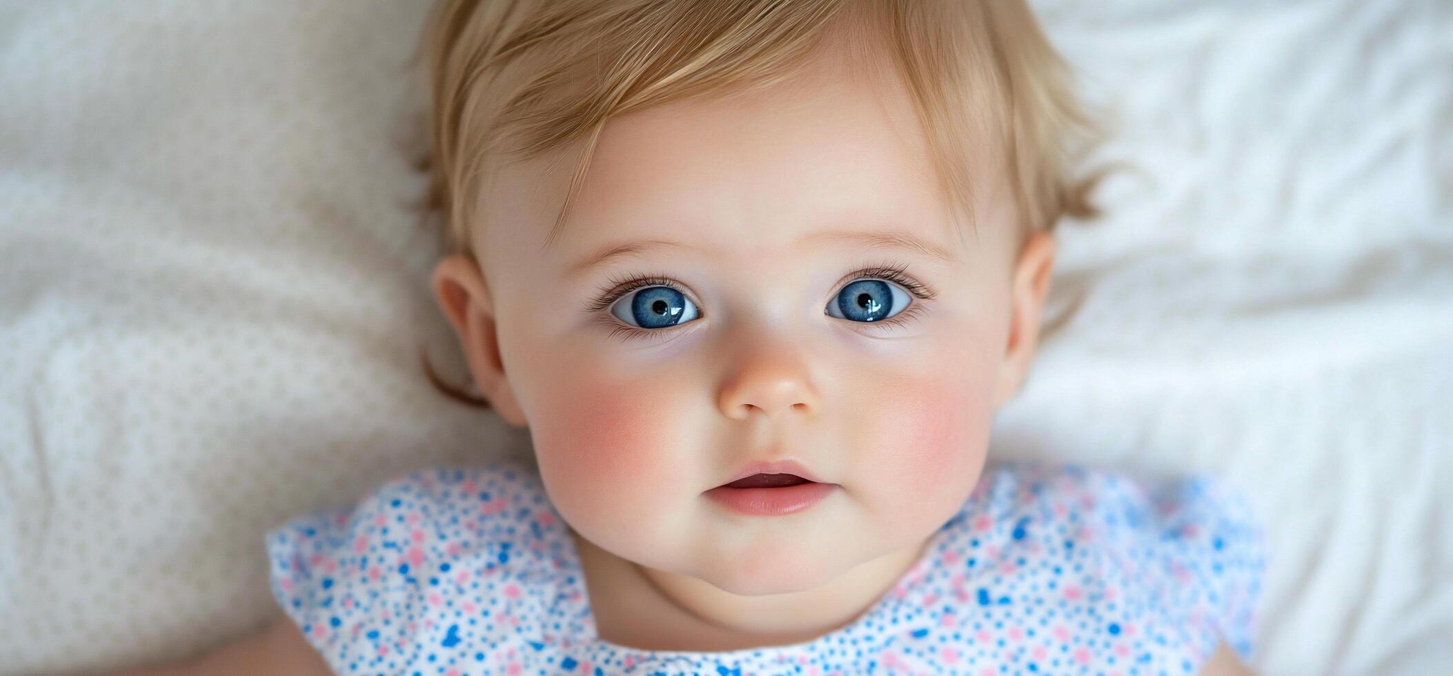 A baby with blue eyes laying on a bed photo