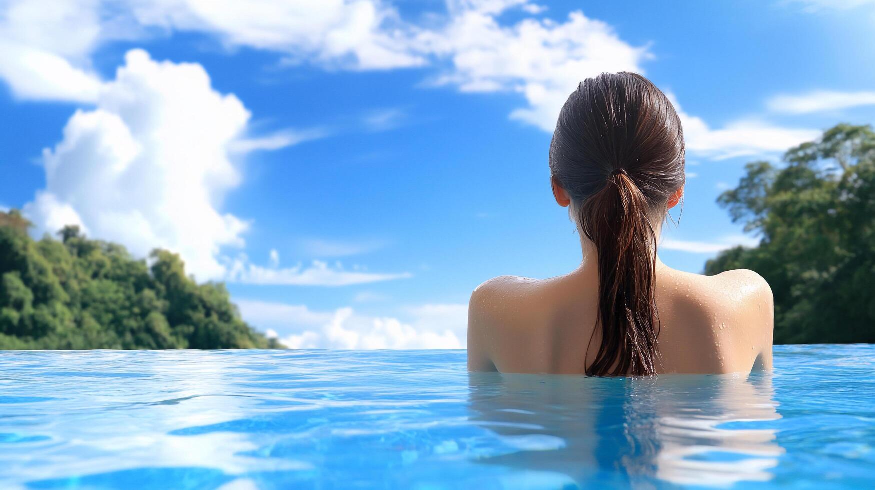 A woman is floating in the water with her back to the camera photo