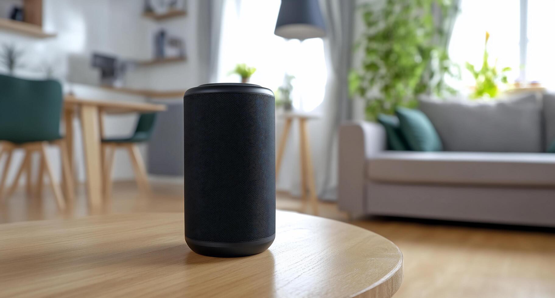 A black smart speaker on a table in a living room photo