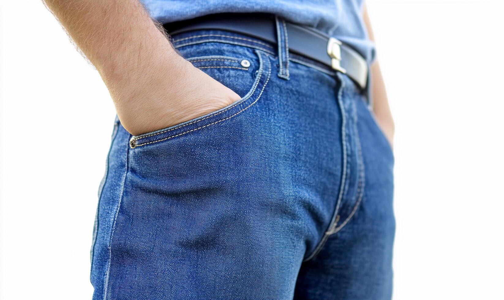 A man's hands are in his jeans pockets photo