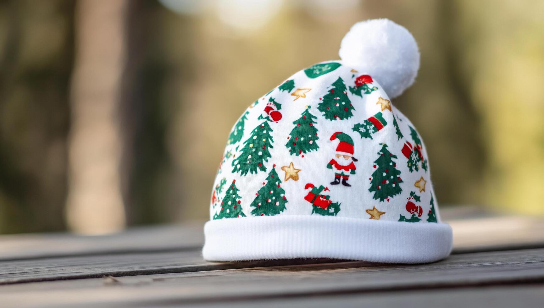 A hat with christmas trees and santa claus on it photo