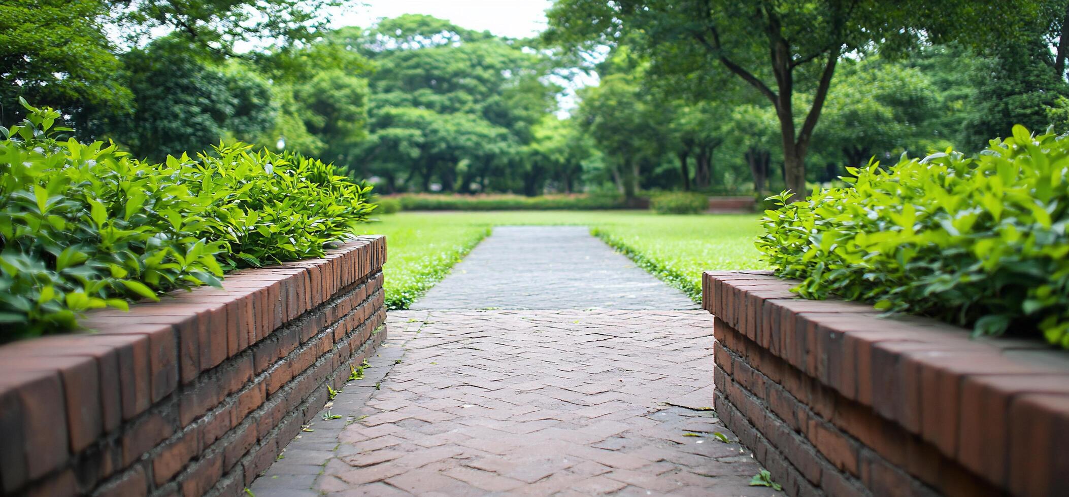 A brick pathway leads to a brick wall photo