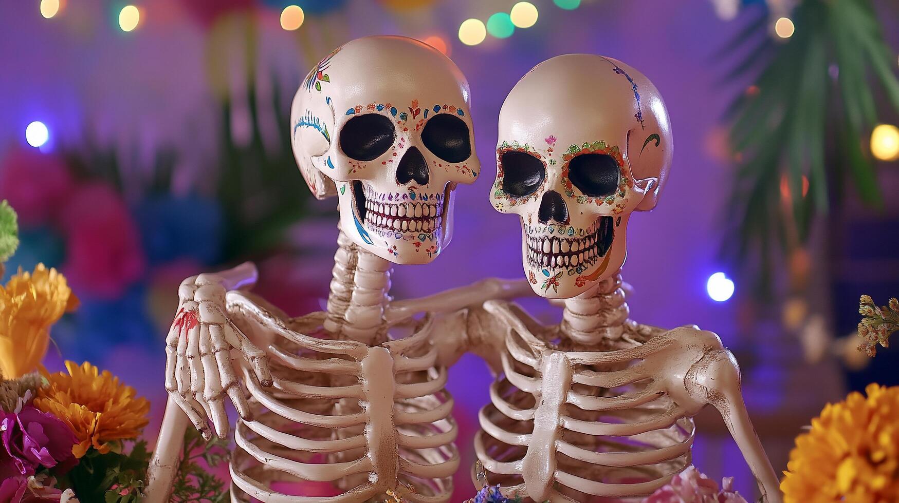 Two skeletons are sitting on a table with flowers photo