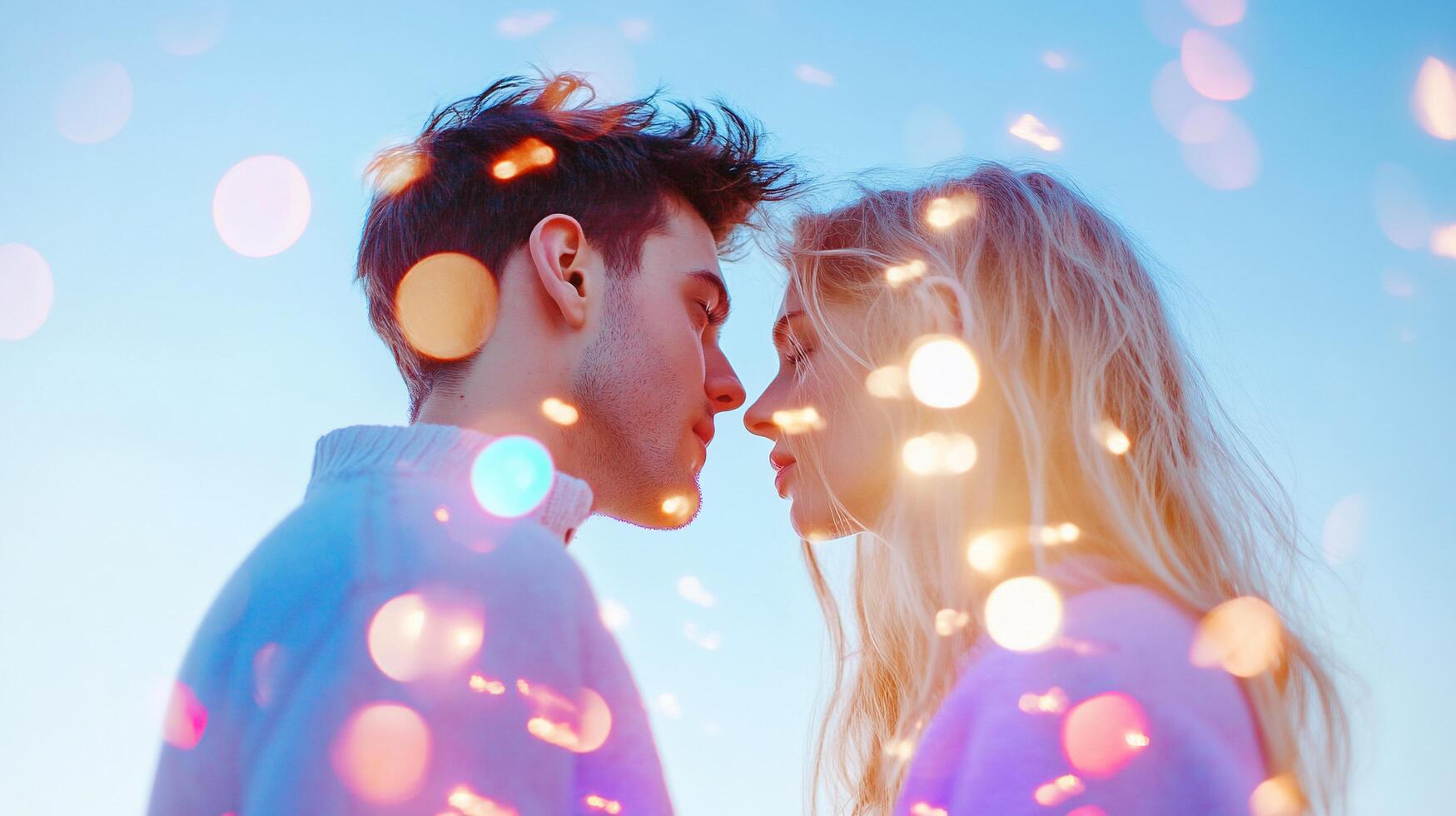 A couple kissing in front of a blue sky with lights photo