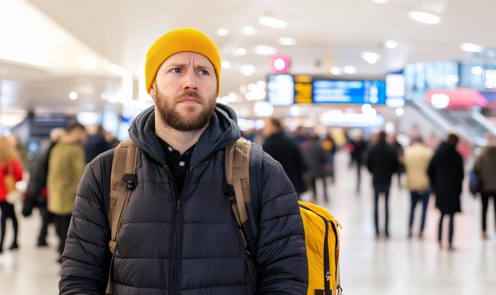 A man with a yellow hat and backpack in an airport photo