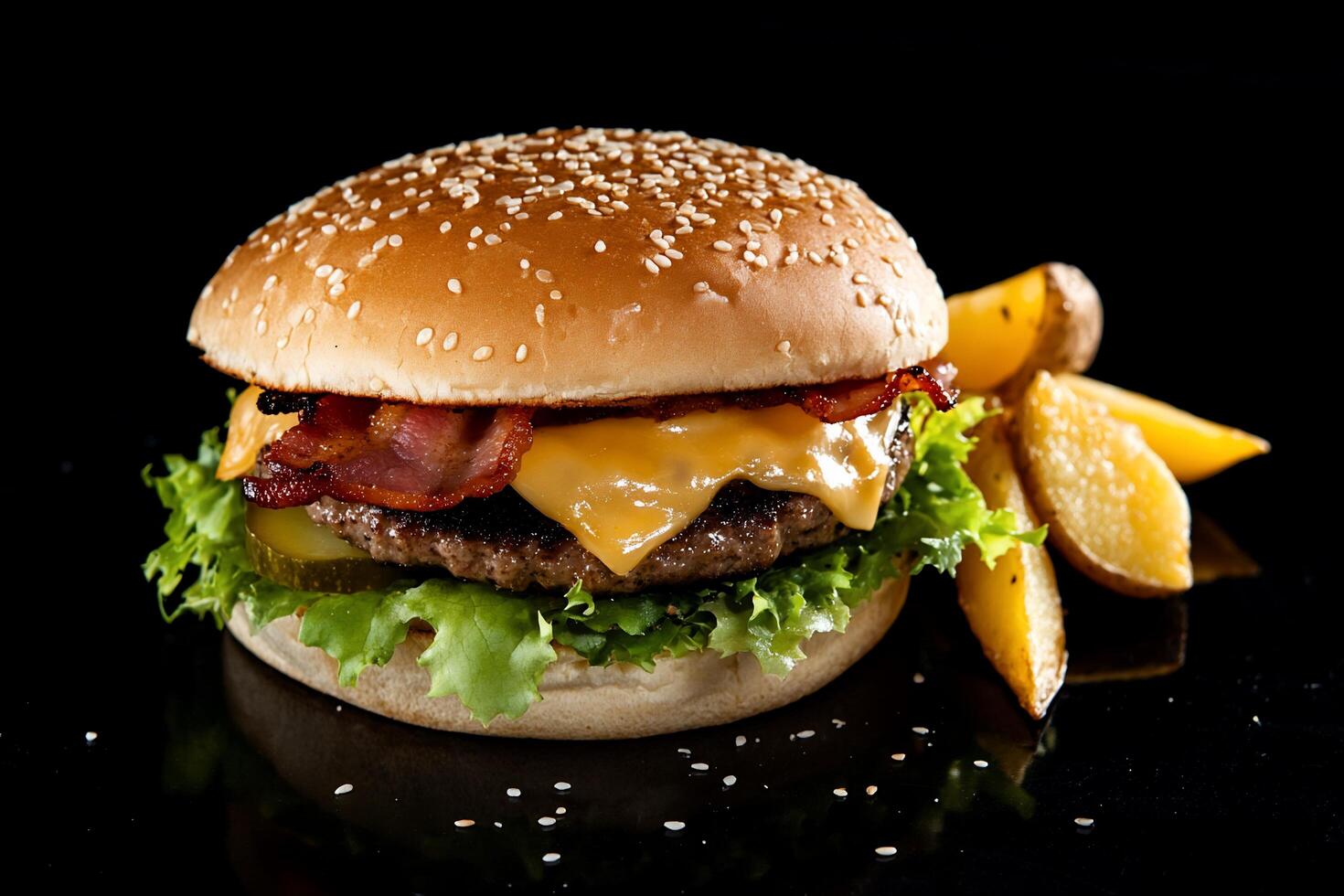 A hamburger with bacon, lettuce and cheese on a black background photo