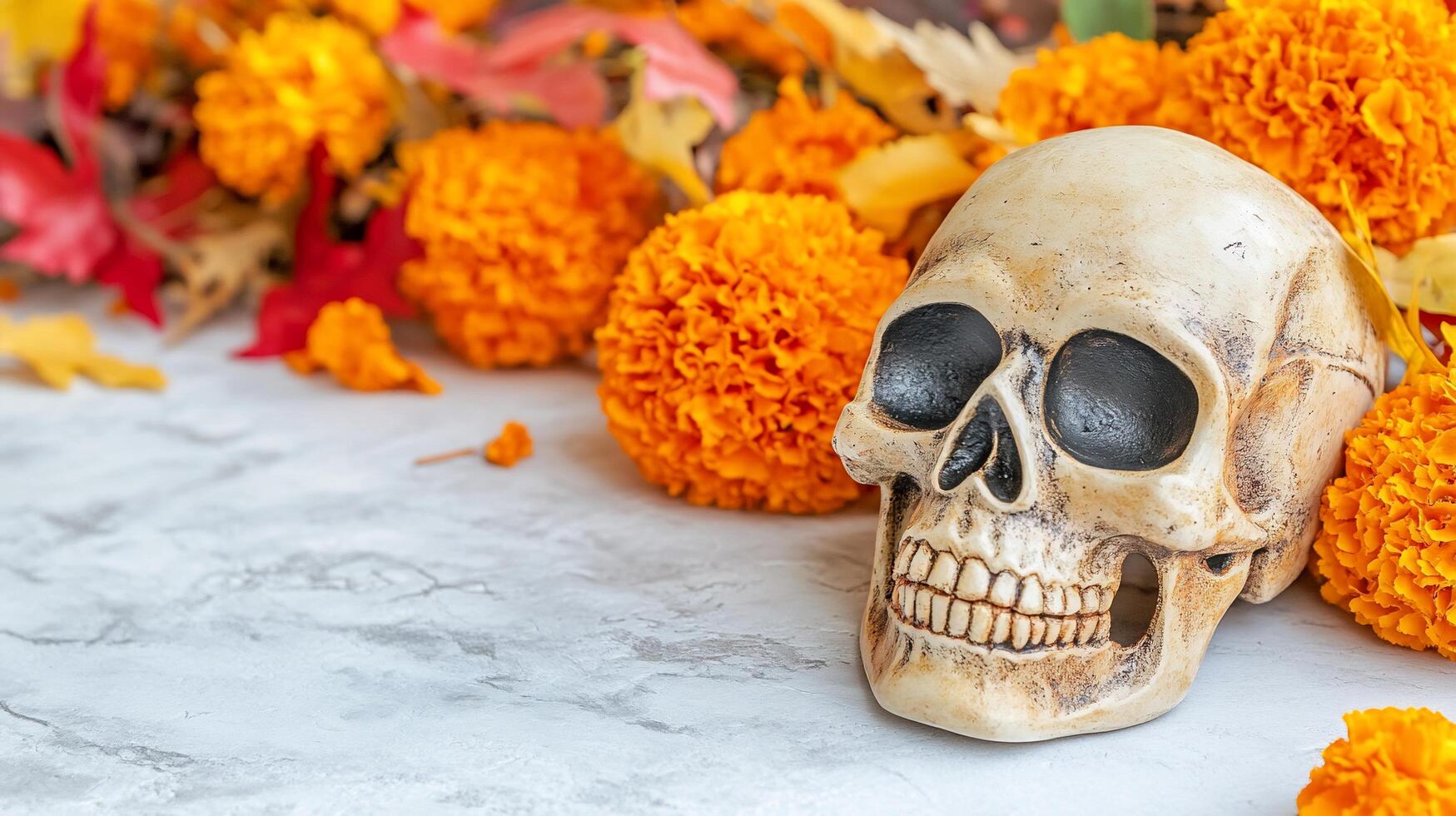 A skull with flowers and leaves on a table photo