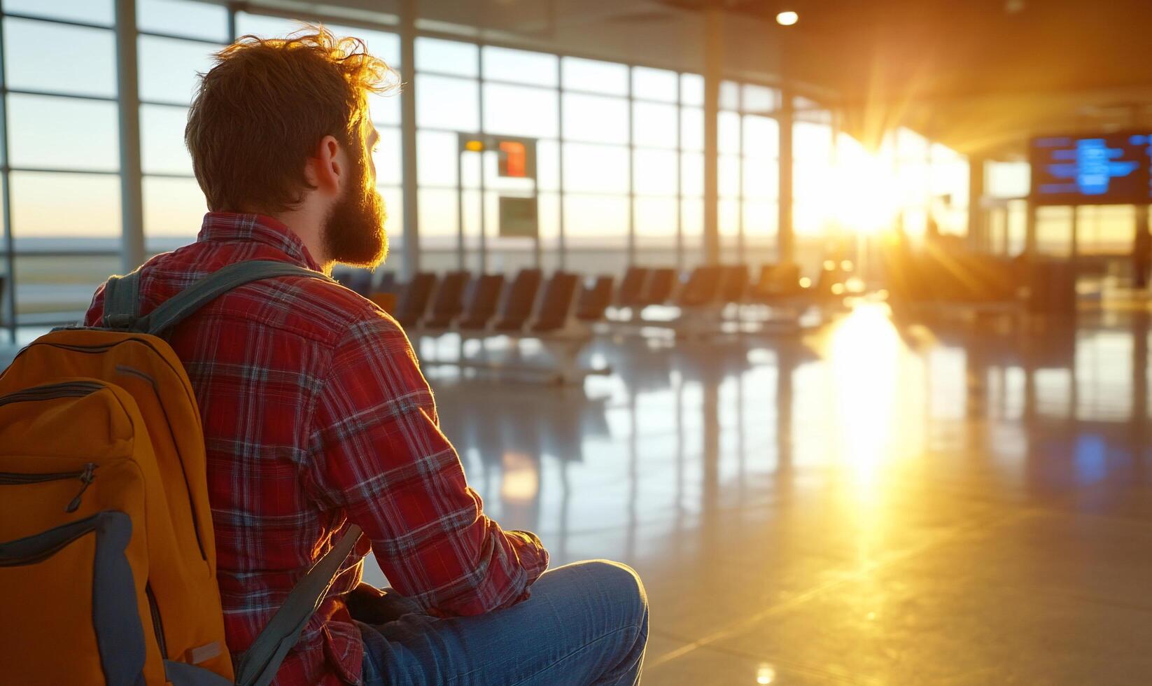 A man with a backpack sitting in an airport photo